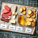 Create a visually appealing image that represents the comparison of energy obtained from oxidizing different foodstuffs. Include four primary components: a pile of meat, a stick of butter, a scoop of sugar, and some biscuits. Each component should be represented equally and displayed side by side for comparison. Be sure to make the images vibrant and inviting. The scene should have a science-themed background, possibly hinting at the concept of oxidation, but remember to not include any text on the image.