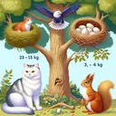 Illustrate a natural scene capturing the essence of a multiple-choice question about potential energy. There are four elements to visualize without using any text. 1) A 15 kg cat sitting calmly under a lush tree, with its coat in shades of white and grey. 2) A 5 kg squirrel with shiny brown fur located halfway up the tree, clutching a small nut. 3) An eagle's nest with intricate details, situated at the top of the tree. The nest is filled with eggs and weighs around 10 kg. Utilize neutral cream and brown tones for the nest and eggs. 4) A vibrant 10 kg bird, featuring a rainbow array of feathers, positioned on a branch slightly below the squirrel.