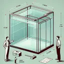 A visual representation of a rectangular prism representing an aquarium, with dimensions neatly labeled. The aquarium is empty, designed with only clear glass walls, held together by simple metallic edges. The measurements are specified: 17 inches for length, 9 inches for width, and 11 inches for height. Two figures, Tommy and Cole, are standing nearby, discussing the construction of the tank. Tommy is an Asian man with a toolbox and Cole is a Black man holding a blueprint.