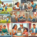 Imagine a lively family scene with various family members doing daily activities. A young African male, athletic and energetic, playing soccer in the backyard. A middle-aged South Asian woman, motherly and kind, preparing dinner in the kitchen. A variety of family members, White and Hispanic, teenaged and above, gathered around the living room, engaged in conversation and laughter. A birthday celebration in June with gifts and cake for a Caucasian male teenager. Lastly, a young adorable Middle Eastern girl, the youngest in the family, blowing out her birthday candles in February.