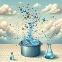 Create an illustration that symbolically represents the concept of water evaporating from an open container from the perspective of the kinetic molecular theory of matter. The scene should capture water molecules in a container, some of them moving faster (higher kinetic energy) and escaping as vapor into the air. The surrounding environment should be calm and serene. Please ensure that the image is sufficiently detailed and colorful, but does not contain any text.