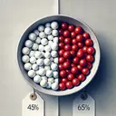 Create an abstract image portraying two contrasting ceramic bowls on a neatly arranged table setting. Display one bowl, Bowl A, filled with 45% white spherical shapes and 55% red spherical shapes representing balls. Mark it distinctively with a tag stating 'Bowl A'. Adjacent to it, illustrate Bowl B filled with 60% white spherical shapes and 40% red spherical shapes, indicating a larger number of white balls compared to Bowl A. Attach a tag labeled 'Bowl B' making it distinguishable. However, make sure the image is text-free. Note, the image should not show an exact count of balls or labels.