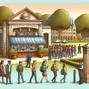 Create a picturesque scene of a university campus, with students flocking around a café named 'Swale Café'. It's thriving with activity, as young students of various descents including Caucasian, Black, Hispanic, Middle-Eastern, and South-Asian, both male and female, are lining up to get their coffee. The café exudes a warm and inviting vibe, with the aroma of freshly brewed coffee filling the air. On the side, illustrate a distinct building with a sign indicating 'Dean of Students Office'. Also, show some guards closely controlling the entry points to the campus.