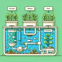 Generate an engaging educational image that graphically represents the three main components of an aquaponics system. The image should clearly denote these parts: fish tank, filtration section, and plant growing area, while distinguishing their separate functions, which are respectively homes of the fish, where the fish waste is turned into nutrients, and where plants absorb these nutrients to grow. The image should not contain any text.