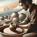 Create an illustrative image with no text. The image should encapsulate themes of personal progress and growth. Portray a person of Hispanic descent, focusing intensively on making pottery, carefully shaping and molding the clay on a spinning wheel. Make the wheel itself a metaphor for change and personal development. Additionally include distant images of pots of different shapes and sizes that the individual has produced earlier, depicting the learning process. The environment around them should be calm and tranquil, encouraging focus and calmness, reinforcing the concept of 'focusing on the process and not the results'.
