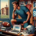An illustrative image without any text. Picture a scene of a young, talented Caucasian male college football player contemplating in his dorm room, the walls adorned with football posters. His desk is cluttered with textbooks, representing tuition, housing, and book costs. His athletic gear and scholarship letter lie on a chair, symbolizing his athletic scholarship. A view of the campus outside his window suggests more free time. Meanwhile, visualize an open laptop with a news site showing the average NFL salary, symbolizing lost wages.