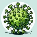 Draw an illustration of an inactive virulent green virus in a cartoon style. The virus should be represented in a 2D microscopic view, with distinguished features like a spherical structure with protruding spikes. There should be no background or any other elements in the illustration. Please make the illustration visually appealing, while maintaining its scientific accuracy.