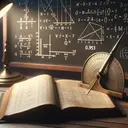 An abstract image showing the concept of mathematical calculation. It comprises a book of logarithms open on a wooden desk, with an antique brass divider pointing towards 2.0953 on the logarithm scale. Nearby, there's a chalkboard displaying complex math equations, but without specifying the number 2.0953. The scene is lit by a soft, ambient desk lamp, casting a gentle glow on all elements.