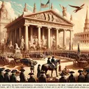 An historical illustration that reflects the monumental topic of the XYZ Affair during the presidency of a notable late-18th-century political figure. The scene contains civic symbols and colonial-era architecture to signify governance and high-stakes diplomacy. Ensure that there are references to negotiating and war declaration, but also resistance to political pressures and a desire to stay out of foreign affairs. Please make sure that there are no direct references to political figures and no text included in the image.