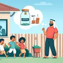 Visualize an engaging scene where a young Middle-Eastern man named Abdel is looking after his neighbor's children in the yard in the afternoons. He is seen joyfully playing with the kids. Next to them, a jar stands with a label saying 'Savings'. He imagines adding 60% of $80 into it. Remember, the image should not contain any text.