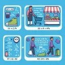 Create a visually compelling image that aids in understanding function rules in mathematics. It should include illustrations of three separate scenarios. The first scenario should represent the concept of converting ounces into pounds. The second one should portray a shopkeeper marking up the price of a product by 45 percent. The third scenario should depict a person who has walked 7 miles before lunch and then continues walking for an additional 2 hours at a variable rate of speed. Remember not to include any text in this image.