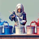 An image that visually represents a situation where a woman, Sarina, is seen mixing paints. She is a Middle-Eastern woman with keen concentration on her face. She is seen with three containers of paint, each containing 1/4 gallon. Each container distinctively showcases the colours blue, red, and white. Sarina is then depicted with a large mixing bowl where she pours the colors into. She uses a large brush to stir the mix. The key focus of the image should be the paint and the act of mixing it.