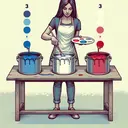 An image of a woman, Sarina, who can be any ethnicity, in the process of mixing paint. She is standing in front of a table that holds three paint cans, one with blue paint, one with red paint, and one with white paint. Each can should be filled to the 1/4 of its full capacity. Sarina should be stirring the paint in a larger container where we can see the amalgamation of all three colours. Make sure that the image contains no text.
