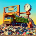 Generate a visually pleasing image illustrating the concept of a large, empty dump truck parked in an expansive waste management facility. The dump truck, painted in a bright hue, remains stationary, waiting to be filled with trash. Adjacent to it, there is a massive pile of garbage weighing 15,300 pounds, signified with a weight scale. All elements of the image are delineated carefully, but strictly no numerical representations or text-based information should be present.