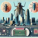 An abstract aerial view of a city skyline, showing two expansive skyscrapers of differing heights. Beside them, two insect-like figures of differing sizes symbolize the tiny creatures in the question. In the foreground, a detailed illustration of an American football field and one from Canada, each with distinct features and dimensions. In another section of the image, a magnified human hair and a fingernail with detailed measurements to indicate their sizes.