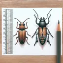 Create an image showing two insects of different sizes next to each other, adhering to a scale that would indicate their respective lengths. The first insect should be approximately 0.04 inches long, while the second should be about 0.13 inches long. Please ensure that the image is visually appealing and does not contain any text or numbers.
