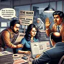 A detailed depiction of a scenario involving journalism and government intervention, while making sure to avoid identifying any specific parties. Show a journalist, an editor, and a government official in a newspaper office. The journalist, a Middle-Eastern woman is writing a potentially explosive story on her laptop. Next, an Asian male editor questions her, demanding additional source information. Lastly, depict a Hispanic female government official reviewing the story and gesturing a sign of refusal. The atmosphere is tense, laden with the weight of potential information suppression.