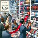 Illustrate a small, well-organised haberdashery store with a range of different types, patterns and colors of ribbons on display. Customers, both male and female of diverse descents such as Caucasian, Black, Hispanic, Middle-eastern, South Asian, are browsing the items. A foreground detail emphasizes a Caucasian male customer picking up a luxurious red ribbon from a shelf indicating the price $3.50 per yard. Label the red ribbon in the scene to avoid any text.