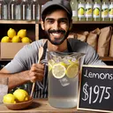 Create an image of a friendly South Asian man named Julio, stirring a large, clear glass pitcher of lemonade. The pitcher should be filled with ice cubes, slices of lemon, and a wooden spoon. In the background, there should be five bags of lemons on a wooden table and a price tag showing $19.75. Ensure that the image contains no text.