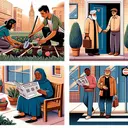 Create an image depicting four separate scenarios that reflect the concept of civic-mindedness: 1. A scene of a South Asian woman tending to a community garden, symbolizing the act of paying attention to the needs of one's community. 2. A Middle Eastern man holding a door open for an elderly person, representing the value of treating others with respect. 3. A Black woman on a park bench engrossed in reading a newspaper, relating to the idea of staying informed. 4. A scene showing a Caucasian man at a pedestrian crossing, waiting for the signal before he crosses, following and showing respect for the law.