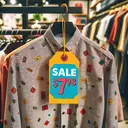 Create a detailed image of a year-end sale in a clothing store. There are various clothes on display but the focus is on a stylish shirt. The shirt has a brightly colored sale tag on it showing the price marked down from an unknown original price to $7.98. Surround the shirt with other items on sale, creating a sense of a bustling sale environment. Please ensure no text is visibly presented in the image.