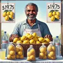 An image showing a friendly man, of South Asian descent, in the process of making lemonade at an outdoor fair. He is surrounded by a table of supplies, with five bags of lemons making the main focus. The price tag of $19.75 is visibly attached to the collective bags of lemons. Please compose this image so it fits a style fitting of an educational textbook, with an abstract reference to math concepts subtly incorporated into the artwork. The image should have a bright and pleasant aesthetic but should contain no text.