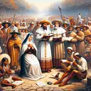 A historical depiction of the mission field in Texas during the era of Spanish colonization. Vividly illustrate a group of dedicated missionaries engrossed in their work of spreading Christianity. Near them, depict a diverse group of First Texans observing and reacting in different ways, illustrating varied levels of success. Also, include Spanish settlers showing an evident acceptance of the teachings, representing the high success with this group. No indication of any text or specific statements should be present.