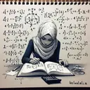 Kelia is pictured as a Middle-Eastern girl in the middle of a calculation, as she attempts to solve a complex mathematical equation. A notebook lies in front of her; filled with calculations and mathematical expressions. Three different equations are schematically represented on the page, mathematical symbols floating around them. First equation shows '4 + x/6 = 1', second shows '4 + 6x = 1', and the third '6 + 4x = 1'. Numbers and symbols are artistically arranged without specific text structure to avoid clear reading. An air of concentration surrounds her, as she marks the second step to multiply both sides of the equation by 4.