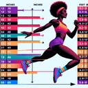 Generate an image displaying a conversion table of inches to feet with alternating color rows for readability. The table will contain columns for inches with values 12, 24, 36, 48, 60 and corresponding feet values 1, 2, 3, 4, 5. Also, depict a person named Jana, make her an athletic black woman with short curly hair, in a vibrant athletic outfit, in the moment of a leap. Indicate with a marker or arrow that the height of her leap is 36 inches or 3 feet above the ground. The image should contain no text.