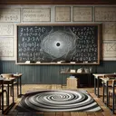 A visually attractive image related to mathematics and scientific notation. The image should feature a clean chalkboard with an array of abstract mathematical symbols and notation lightly sketched onto it, but must not contain any specific text or numbers. Dispersion of light around the chalkboard, and the chalkboard stands in a traditional classroom setting with wooden desks and chairs. The room features a large, Archimedean spiral-patterned rug in the center. On the walls are hung educational posters about mathematics, specifically detailing various mathematical symbols and their meanings.