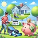 Create an image with a bright sunny day in suburbia. Show a young man, of South Asian descent, diligently mowing a lush green lawn. He should be pictured next to a small sign that displays a price tag of $25. Nearby, depict him with a secure piggy bank in the shape of a traditional bank building. On the bank structure, show a mark that denotes a measure of $250 already filled and have a higher mark at $900, symbolizing the total savings goal. Ensure no text is present in the image.