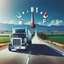 Create an image of a semi-truck or a lorry driving down a long, straight road in the middle of a sunny day. The truck is casting a shadow on the road. In the distance, there's a lush, green landscape with mountains far off. Also, depict a fuel gauge with the needle pointing towards 'Full' and 7 gallons highlighted or emphasized in some way. Ensure that there are no textual information or number indicators present in the image.