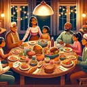 Design an image that visually narrates the scene of Rafeal and his family having a delightful dinner. Emphasize the feeling of a friendly family gathering around a table, filled with diverse, delicious food items. The image should not contain any form of text. For the characters, include Rafeal, who is a young South Asian male, his father who is a middle-aged Caucasian man, and other family members such as his Black mother and Hispanic siblings. Ensure these elements coexist in harmony representing the diverse yet united family. The setting can be a warm, lit, family dining room.