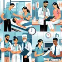 The image should be an uplifting representation of a community health clinic. A diverse set of healthcare workers should be evident in the image - a Caucasian male nurse providing care to a patient, an Asian female doctor discussing a patient's chart, a Hispanic male technician operating the clinic's medical equipment, and a Black female administrator handling patient records. The image should encapsulate Maria's sense of fulfilment as she finishes her community service program. In the background, there should be a clock indicating the passing time to infer the hours spent by Maria in the clinic. The image should not contain any text.