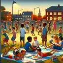 An image depicting a summertime scene. It shows a group of children of diverse descents and genders, Caucasian, Hispanic, Black, Middle-Eastern, South Asian and White boys and girls equitably distributed. Some are playing a game of 'capture the flag' in a yard with the streetlights beginning to glow at dusk. Others are gathered on beach towels, deeply engrossed in various books. The warm colors of a summer afternoon prevail, and in the background, the silhouette of a school can be seen.