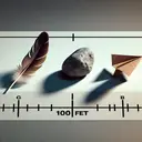 An intriguing image presenting three different objects symbolically represented. Object A is a feather, symbolizing lightness and slow descent. Object B is a rock, a symbol of weight and fast fall. Object C is a paper plane, symbolizing balance between weight and aerodynamics. They are all staged against a marked background indicating the 100 feet distance. To add dynamism, the objects are depicted as if they are in motion towards the 100 feet goal, each showing a different velocity. The image is void of any textual element.