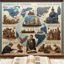 An illustrative scene showing historians studying different aspects of trade patterns to gain deeper insights. The image shows various elements each representing one of these trade pattern studies without any text: depicting the analysis of warfare implications, a comparison of ancient and contemporary trade routes, understanding influences of geography, politics, and religion, and examining the demise of overland trade. The absence of text on the image encourages viewers to infer these visual cues themselves.