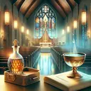 Create a beautiful and solemn image featuring various aspects of a religious ceremony: a peaceful chapel with stained glass windows casting multi-color light onto the wooden pews, a wooden altar with a chalice symbolizing the Eucharist, and a crystal clear basin filled with water representing baptism. Illustrate a quiet and spiritual mood, filled with tranquility and reverence. Also, depict a symbolic representation of anointment, such as a small ornate flask full of a golden liquid. Please ensure that the image does not contain any text.