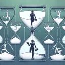 An image representing an abstract concept of time and exercise. Visualize a young woman engaging in various forms of exercise, such as running, yoga, or weightlifting, amidst a backdrop of seven distinct hourglass figures, each partially filled to represent 2/5 of an hour. The hourglasses are lined up to represent each day of the week. Make sure to keep the details crisp and bright with no text included.