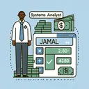 An image that aesthetically represents a systems analyst, named Jamal who earns a significant salary. The image should not include any text but present elements that represent a calculator, a stack of money indicating a high income, and the number 7 denoting a time-span of seven years.
