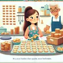 An illustration showing a charming kitchen scene. The centerpiece is a female baker, Siara, with Asian descent and long brown hair, wearing a colorful apron. She is in the process of baking biscuits. On the counter, there are heaps of pre-made biscuits, adding up to 360, grouped into suggestive batches which align with the story. There's also a set of containers with 75 biscuits each, referring to the quantity each batch makes. At the side, her friend, a Caucasian man with glasses and short blond hair, hands over a tray of 60 more biscuits, adding to the total quantity.
