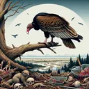 An image portraying a turkey vulture in its natural environment. Detail its brown-black feathers, hunched silhouette perched on a high tree branch. Illustrate a terrain scattered with decaying animal matter, like animal carcasses and remnants of human trash. The background can be a vast sky with clouds, emphasizing the bird's high vantage point. Make sure to show the vulture's characteristic red head and sharp beak. Underneath the tree, on ground level, depict a couple of sick or dying small creatures, such as birds and rodents, to hint at their rare live prey consumption. Remember, this should not contain any text.