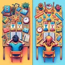 Visualize an engaging and colorful illustration that represents the concept of students spending varying amounts of time on homework. Show two separate desks, one belonging to a boy and the other to a girl, reflecting a diverse classroom environment. On the boy's desk, scatter study materials and displays indicating different periods of time spent studying, represented numerically on invisible clocks or hourglasses. On the girl's desk, do the same, adjusting the time indications to correspond with the data given. Importantly, ensure that these time-related indications are recognizably different, but do not depict exact figures or text.