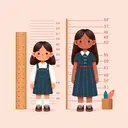 An image conceptualizing a comparison in height between two sisters. Depict a younger Asian girl whose height measures up to 59 inches. Opposite to her, illustrate her older Black sister whose height exceeds her own significantly. To emphasize the considerable difference in their heights, illustrate measurement lines beside the girls. Also, make sure the girls are standing back-to-back to further underline their varying heights. Add elements such as a wooden ruler or measuring tape beside the girls for a representation of scale but ensure the image contains no text.