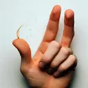 An image showing a single, long blond strand of hair delicately resting on a finger of a Caucasian hand. Beside it, on a different fingertip of the same hand, lies a tiny grain of white rice. Contrast the two by making the sizes appear drastically different: the strand of hair should appear very thin and almost weightless, while the grain of rice should appear larger and heavier. The background should be a minimalist white to bring out the contrast clearly.