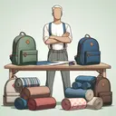An engaging and informative image of a person standing behind a table with several backpacks made from a variety of fabric patterns. To his side stands a stack of nine folded fabric yards. The person appears to be in the middle of creating a backpack, with 3/5 of one yard of fabric already cut and laid out on the table. Please ensure the image contains no text.