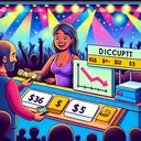Create a detailed illustration related to the given mathematical question. The illustration should depict a ticket booth at a music concert, with vibrant lights and a lively atmosphere. There should be a couple of concert tickets lying on a desk, each displaying a price of $36. However, there mustn't be any text present on the image. To imply a discount, illustrate a small financial chart showing descending line, symbolising a decrease in price. Stacia should be portrayed as a jubilant young Hispanic woman, handing over $53 to a Caucasian male cashier.