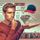 Create a detailed image combining elements such as a Caucasian man named Joseph eagerly holding cash amounting to $34.25, a baseball game ticket priced at $7.25 and a team hat priced at $12.50. Sportive atmosphere with crowds of diverse people waiting in line to get their tickets. Remember, the image should be captivating and lively but contains no text.