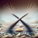 Imagine a macro scale image that zooms in on two individual hairs crossing over each other in the form of an 'X'. Positioned at the intersection of these hairs is a miniature grain of rice. These elements create a powerful contrast, emphasizing the difference in size and mass between the unusually large hair strands and the tiny rice grain. This rendering emphasizes the texture and coloration of both the hair strands and the rice grain, and the natural light gently illuminates the scene. The background remains a soft out-of-focus blur that further accentuates the main focal point of the image.