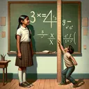 Visualize an educational setting with a South Asian female named Cassandra measuring her height using a ruler that reads 63 inches. Nearby is her younger Hispanic brother on tiptoe trying to reach her height, revealing a significant height difference between them. Create a blank equation board in the background, with the equation '3x+_=_' written on it. Render this scene in a realist style using traditional media such as oil on canvas, but remember to leave the image void of text except for the equation.